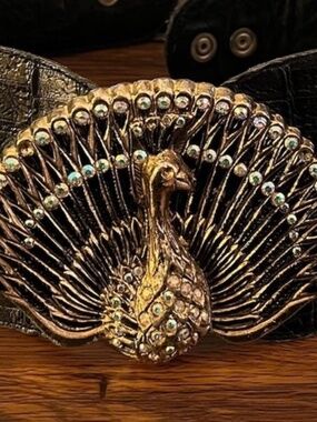 VINTAGE 1980s Vic Wood Peacock Belt - Leather with Rhinestone Goldtone Buckle